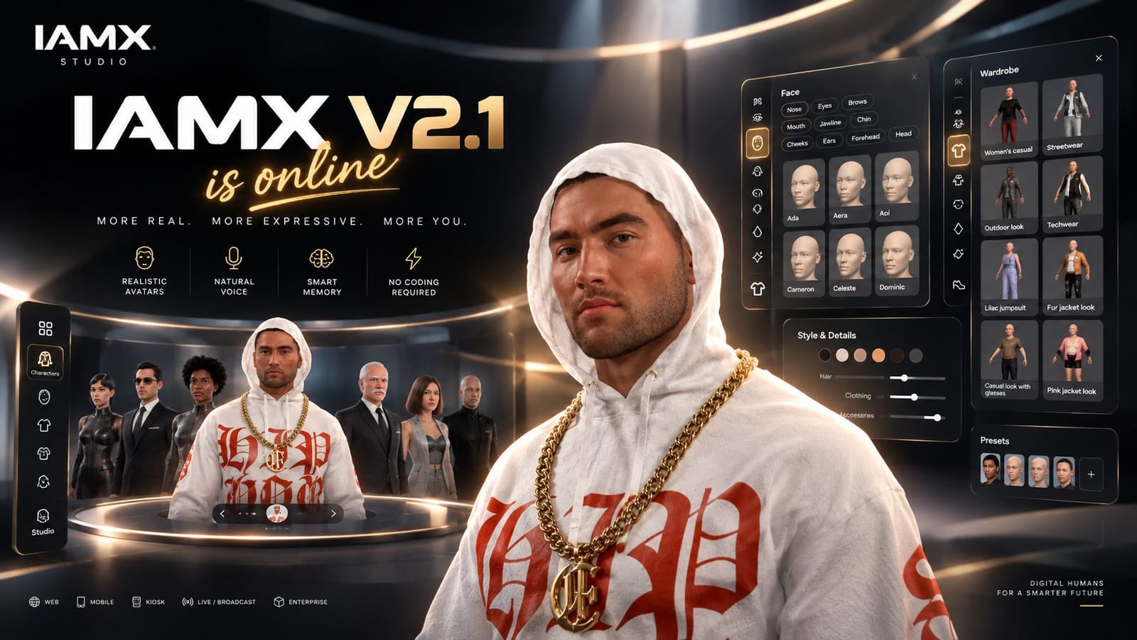 IAMX V2.1 is online: a lineup of realistic AI characters with the Character Studio's Face and Wardrobe panels around a character in a white hoodie.
