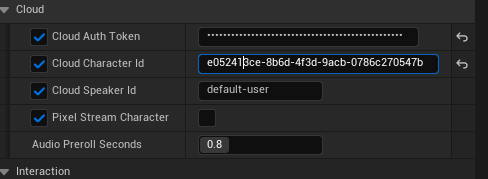The IAMX component's Cloud settings in the Details panel: auth token, character ID and speaker ID fields