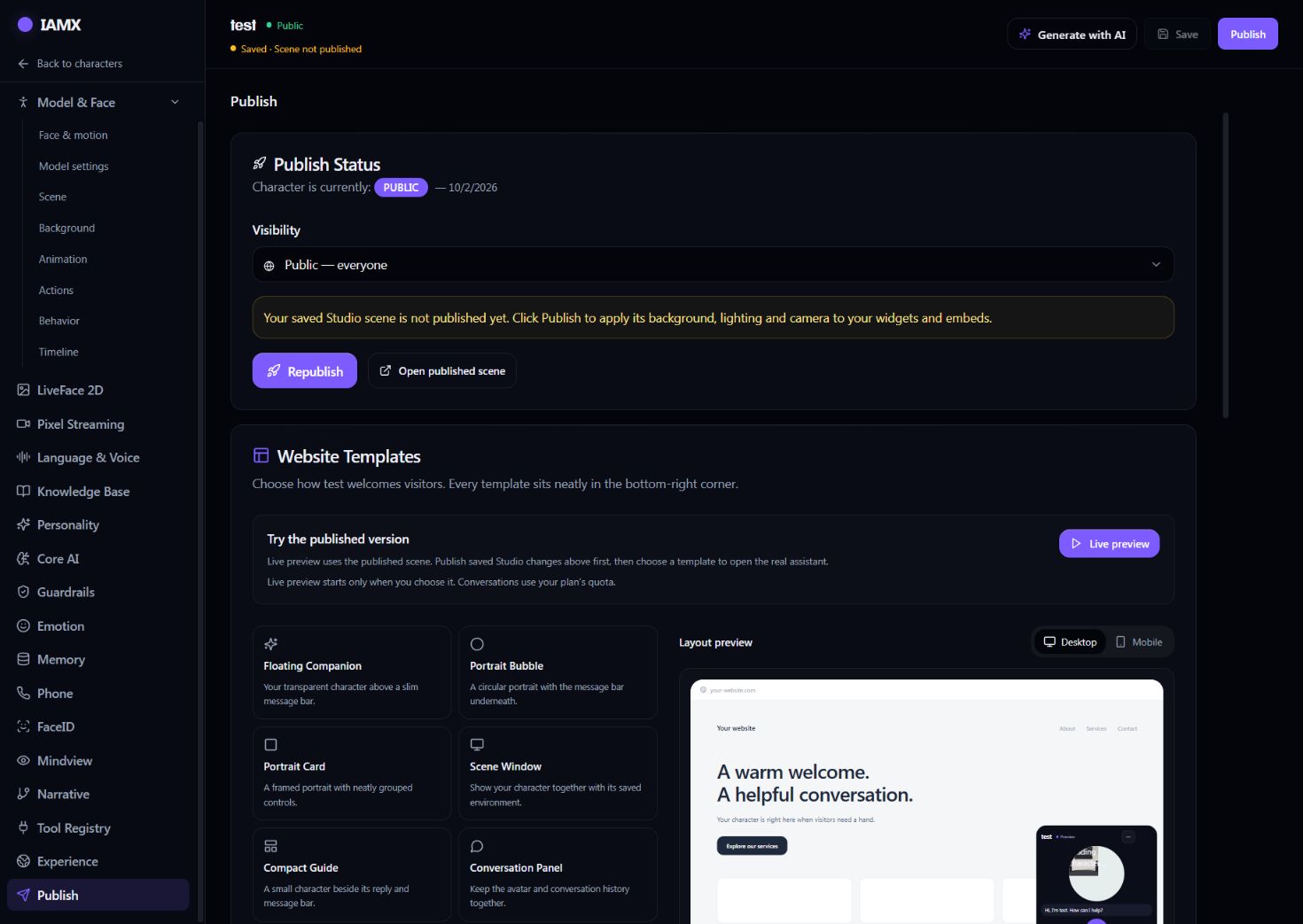 Publish settings with the character website templates and preview