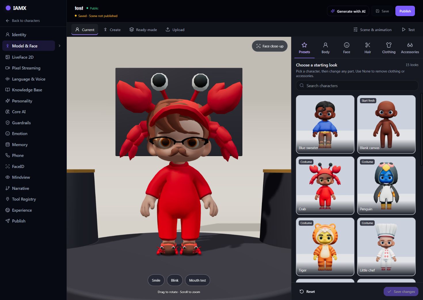 Current avatar with persistent character settings on the left and preset looks on the right