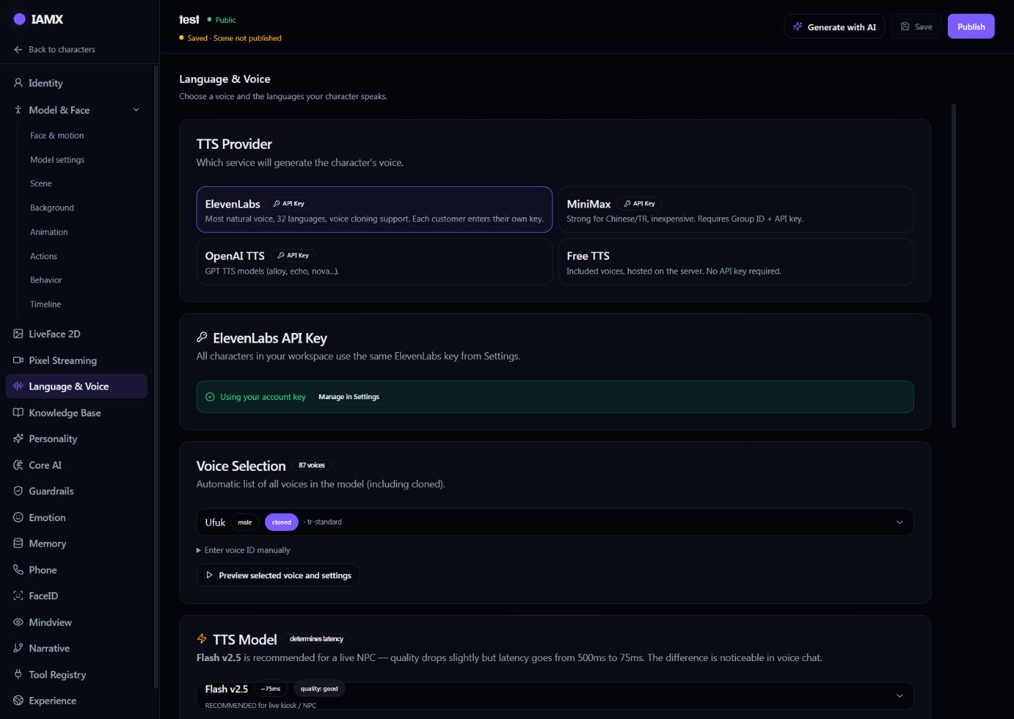 Language and Voice settings showing provider selection and voice configuration