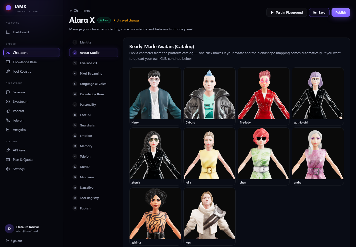 Avatar Studio showing avatar type selection, model source and the blend shape mapping editor