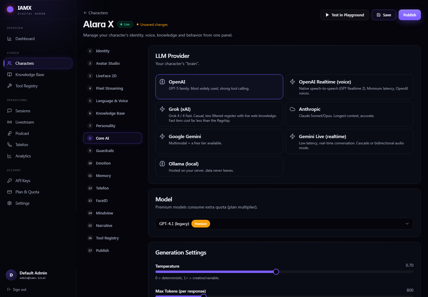Core AI tab with provider cards, model dropdown, temperature and max tokens sliders