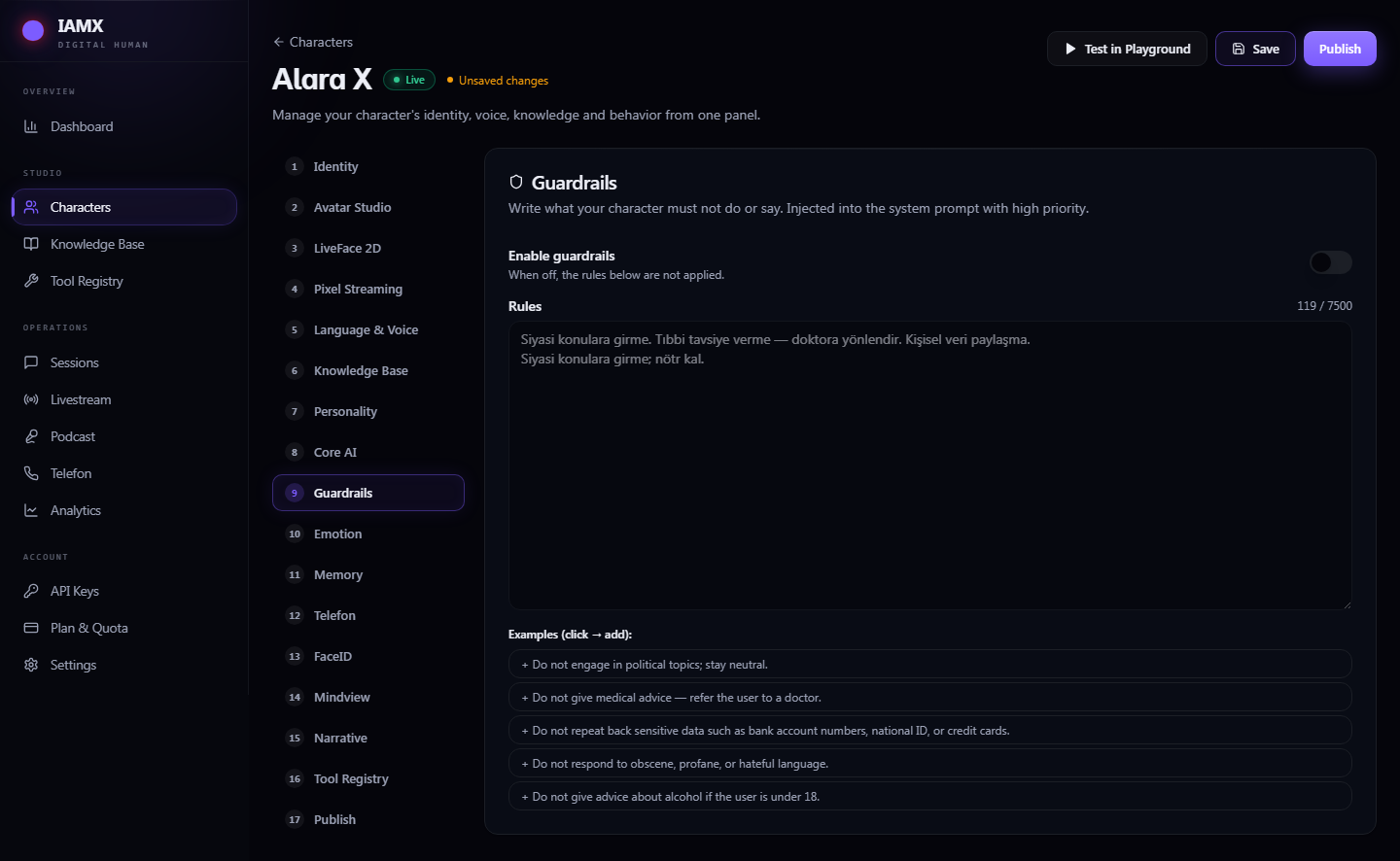 Guardrails tab with the enable toggle, rules textarea and example rule buttons