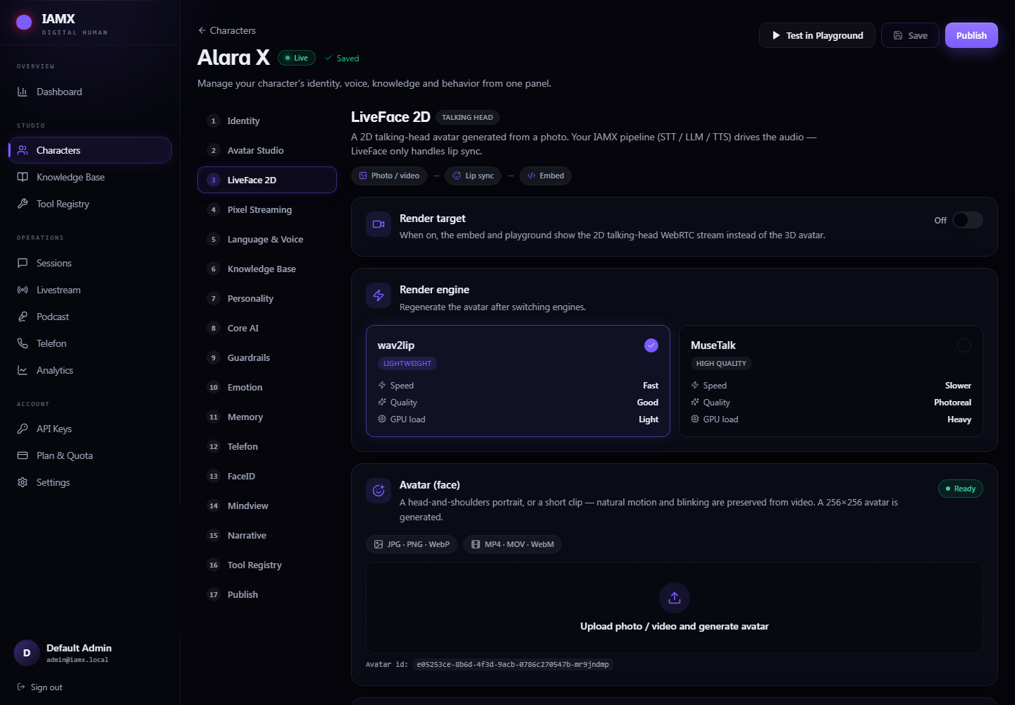 LiveFace 2D tab with the render target switch, engine selection cards and the avatar upload area