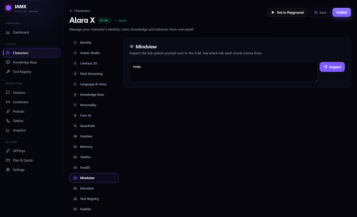 Mindview tab with a test message box and colour-coded panels showing each part of the assembled prompt