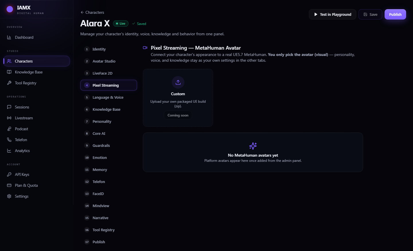 Pixel Streaming tab showing the gallery of MetaHuman avatars available to assign to the character