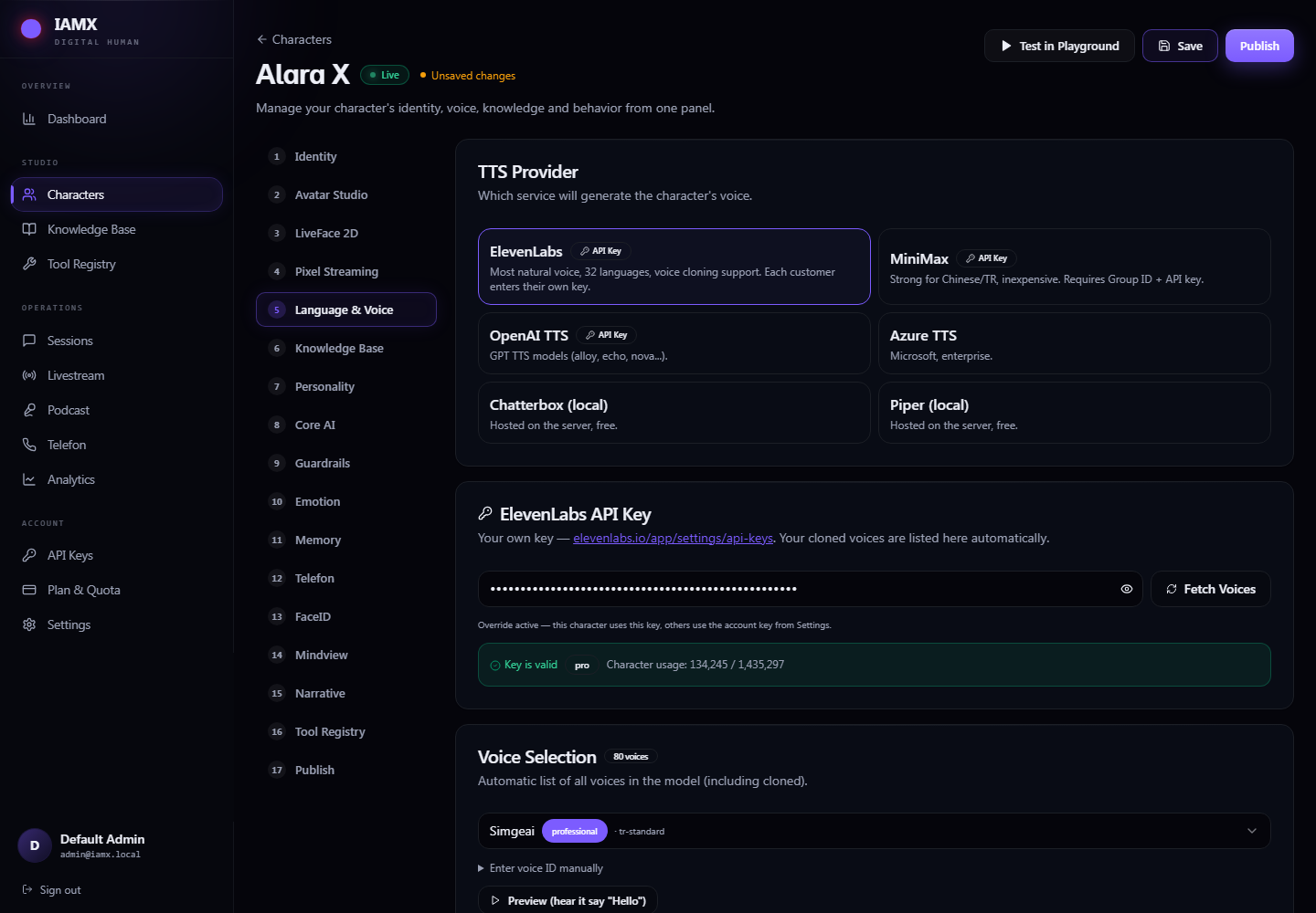 Language and Voice tab with TTS provider cards, API key field, voice selection and prosody sliders
