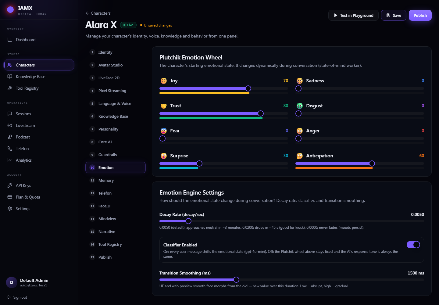 Emotion tab with the eight Plutchik emotion sliders and the emotion engine settings