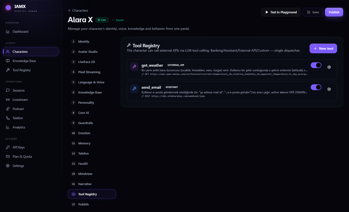 Character Tool Registry tab listing available tools with category badges and per-tool switches
