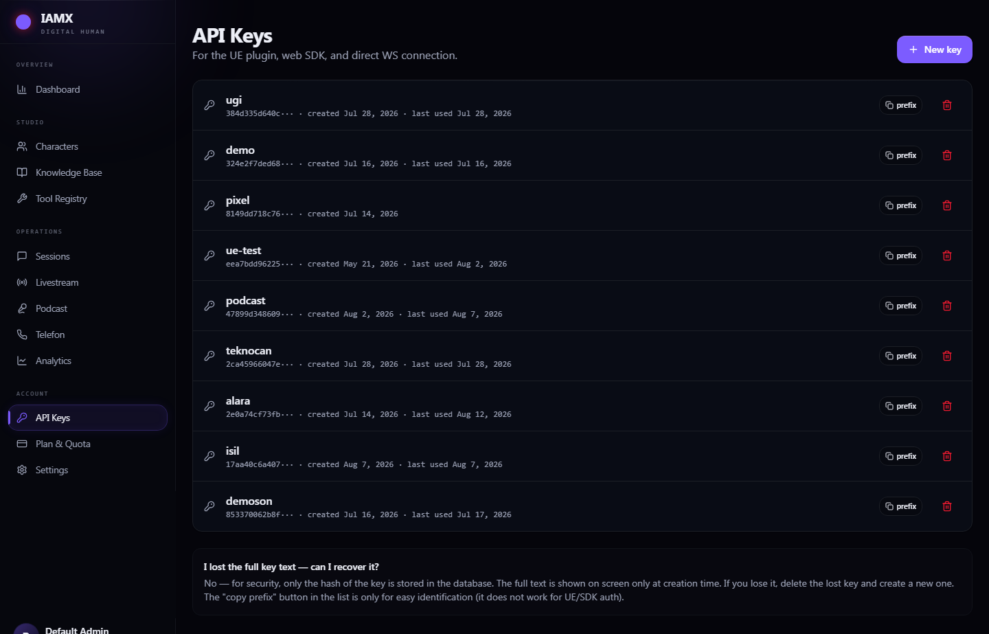 API Keys page listing issued keys with their prefix, creation date and last used date