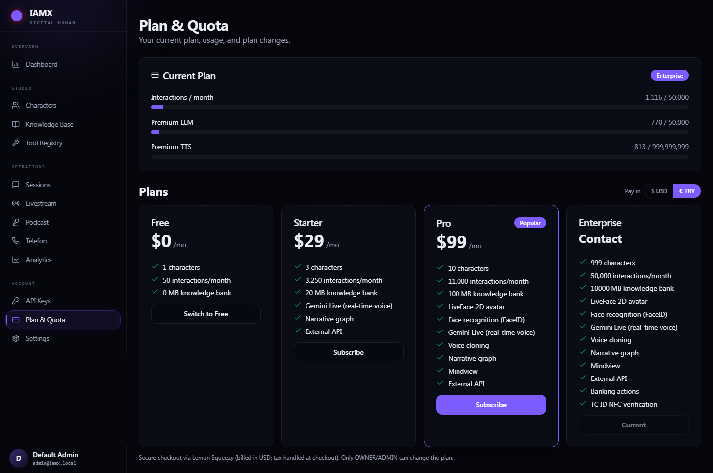 Plan and Quota page showing current plan with usage bars and the four plan cards