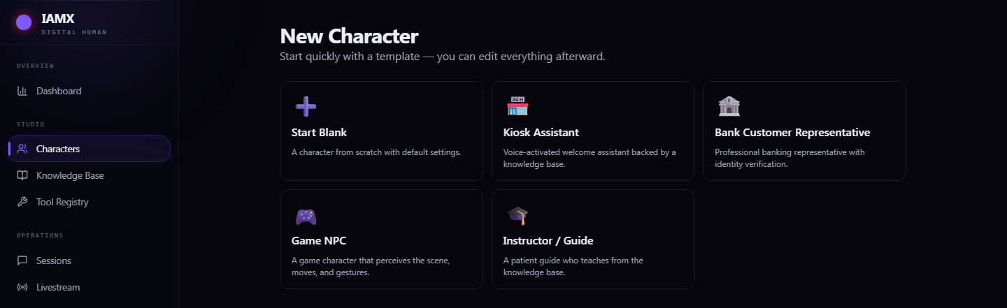 New Character page with five template cards: Start Blank, Kiosk Assistant, Bank Customer Representative, Game NPC and Instructor / Guide