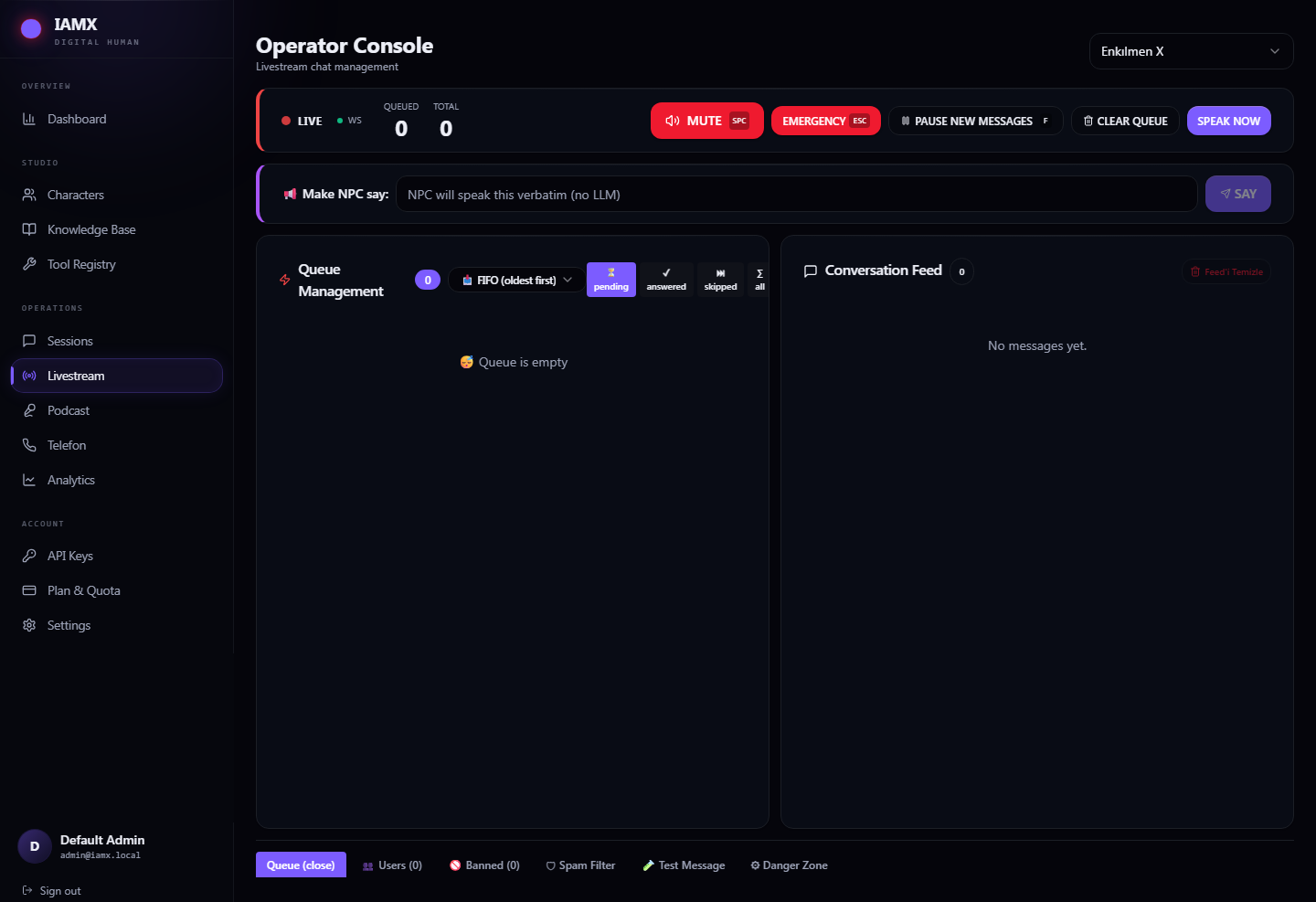 Livestream operator console showing the LIVE status bar, mute and emergency controls, the make-NPC-say bar, queue management panel and conversation feed