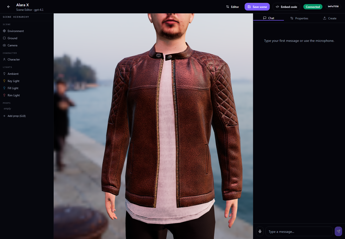 The playground showing the 3D character in the viewport, scene hierarchy on the left and the chat sidebar on the right