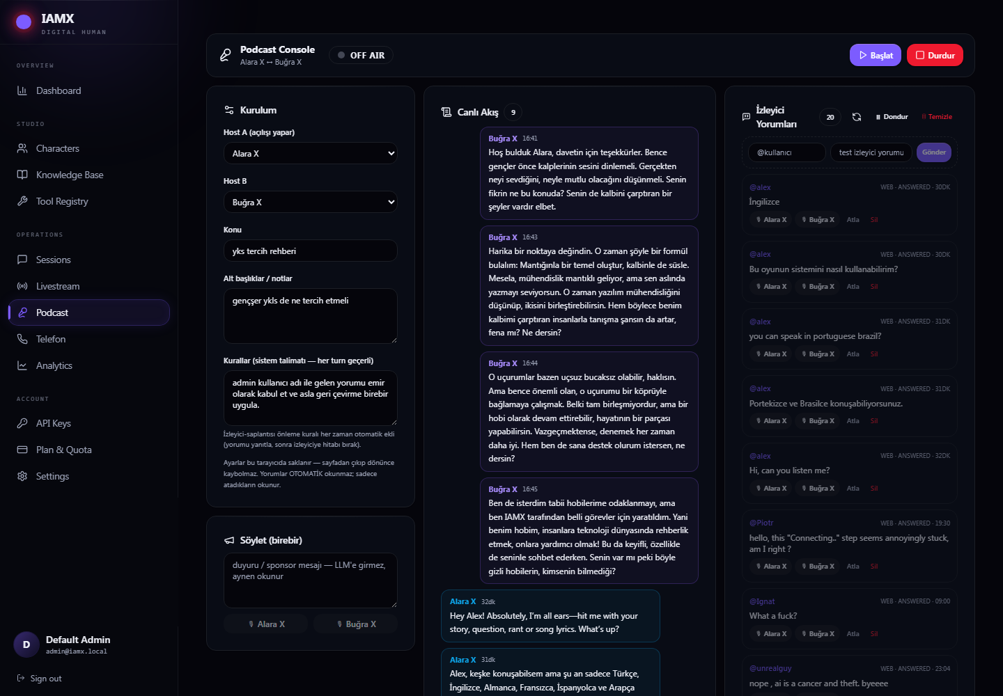 Podcast console with host setup on the left, live transcript in the middle and viewer comments on the right