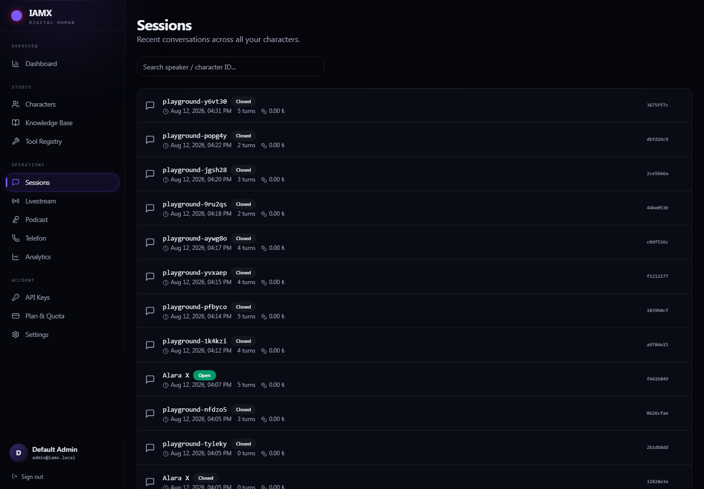 Sessions list showing recent conversations with speaker, status, start time, turn count and cost