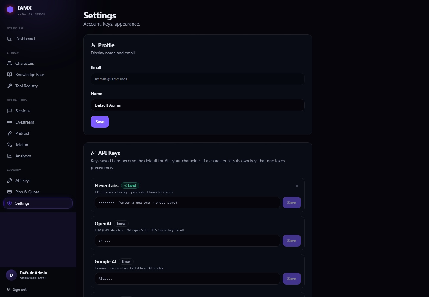 Settings page with profile, the provider API key list, appearance theme buttons and danger zone