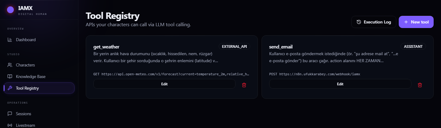 Tool Registry page listing defined tools with their category badge and endpoint, plus the execution log button